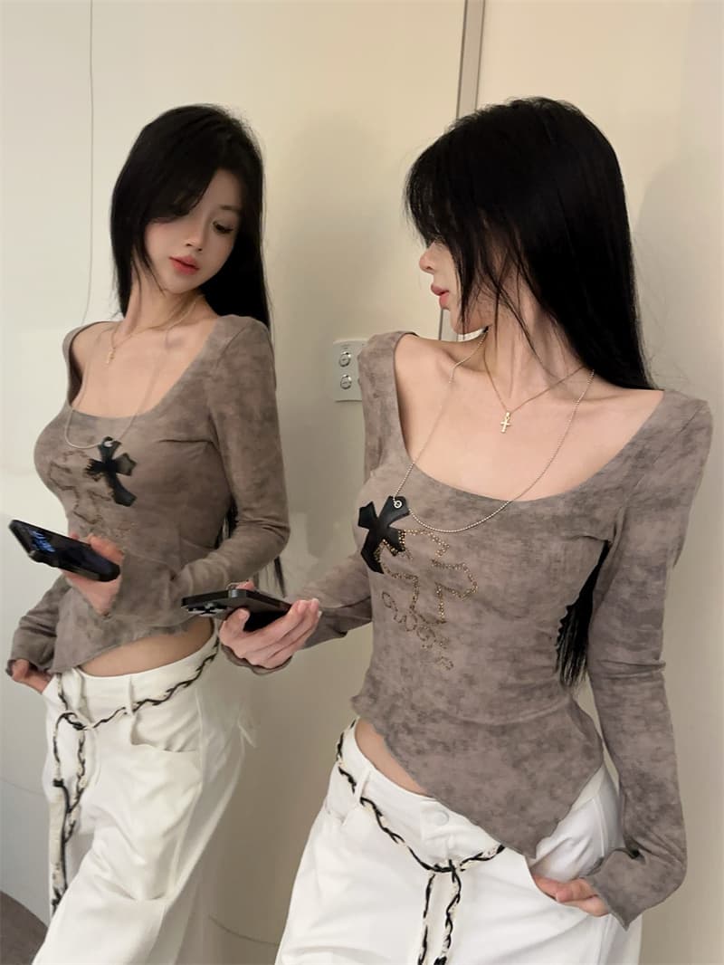 실사 광장 칼라 홀치기 염색 프린트 뜨거운 십자가 목걸이 불규칙 슬림해 보이는 기본 셔츠 맨위 티셔츠 상세 이미지 13
