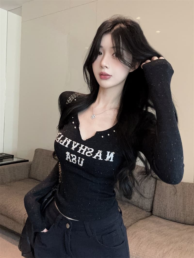 실사 아메리칸 뿌리다 밝은 실버 플래시 알파벳 버드 나무 못 니트 디자인 센스 슬림해 보이는 다용도 기본 셔츠 맨위 상세 이미지 1