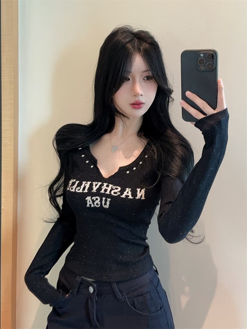 실사 아메리칸 뿌리다 밝은 실버 플래시 알파벳 버드 나무 못 니트 디자인 센스 슬림해 보이는 다용도 기본 셔츠 맨위 상세 이미지 3