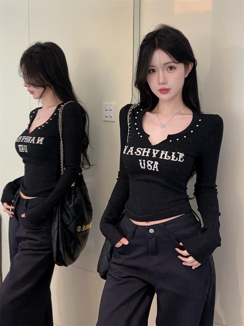 실사 아메리칸 뿌리다 밝은 실버 플래시 알파벳 버드 나무 못 니트 디자인 센스 슬림해 보이는 다용도 기본 셔츠 맨위 상세 이미지 8