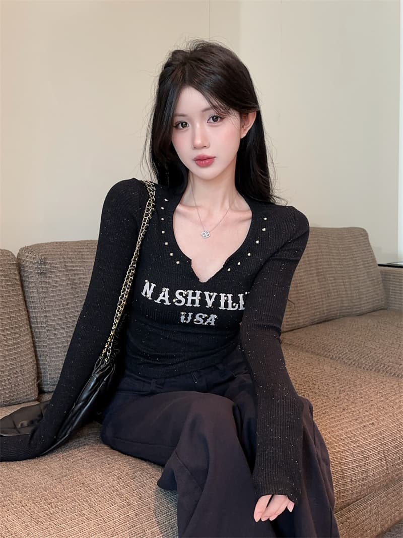 실사 아메리칸 뿌리다 밝은 실버 플래시 알파벳 버드 나무 못 니트 디자인 센스 슬림해 보이는 다용도 기본 셔츠 맨위 상세 이미지 11