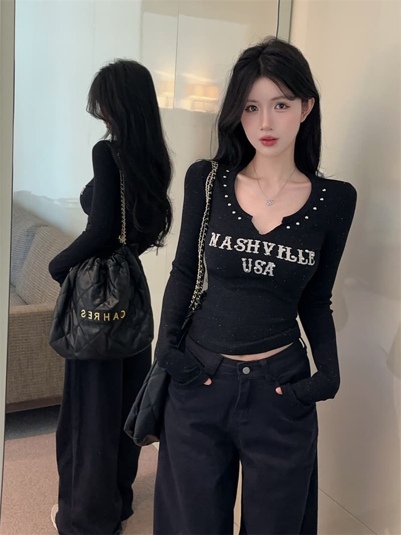 실사 아메리칸 뿌리다 밝은 실버 플래시 알파벳 버드 나무 못 니트 디자인 센스 슬림해 보이는 다용도 기본 셔츠 맨위 상세 이미지 12