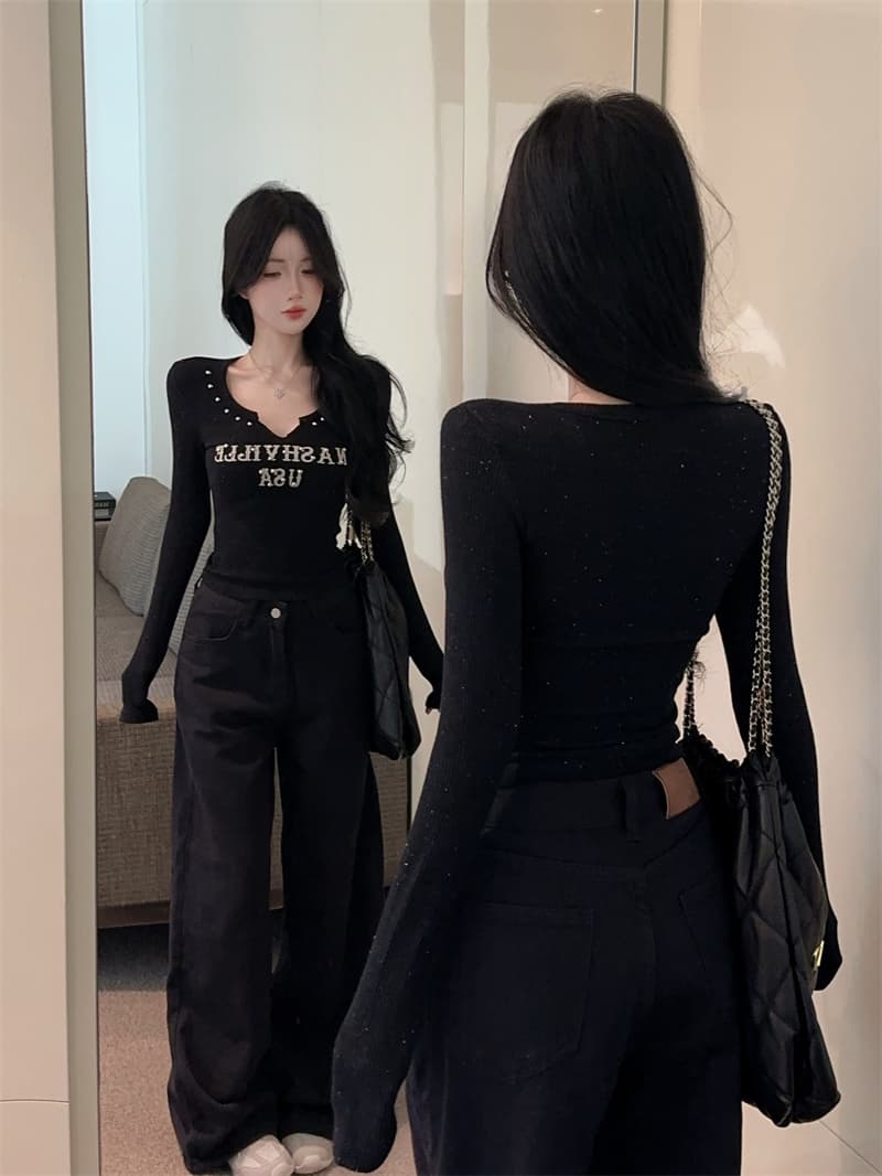 실사 아메리칸 뿌리다 밝은 실버 플래시 알파벳 버드 나무 못 니트 디자인 센스 슬림해 보이는 다용도 기본 셔츠 맨위 상세 이미지 13