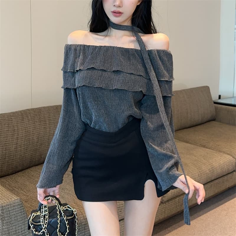 실사 프릴 오프숄더 루즈핏 긴팔 리본 품격 맨위 이미지 5