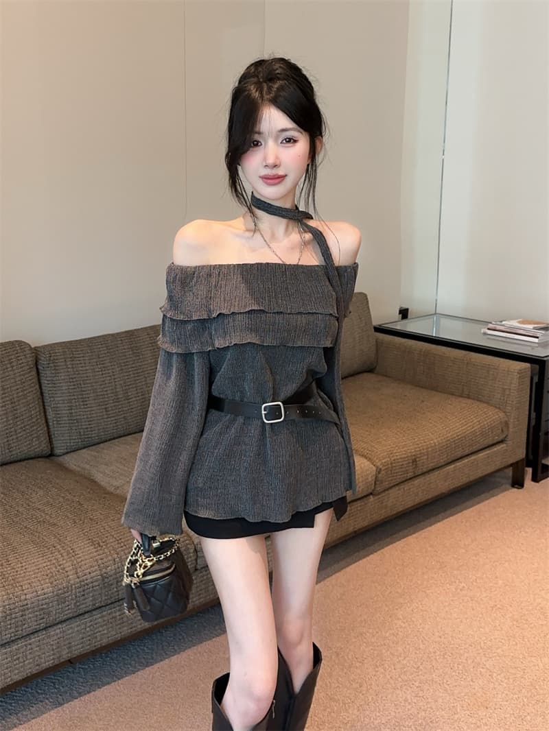 실사 프릴 오프숄더 루즈핏 긴팔 리본 품격 맨위 상세 이미지 2