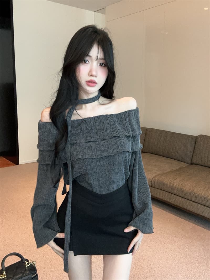 실사 프릴 오프숄더 루즈핏 긴팔 리본 품격 맨위 상세 이미지 3