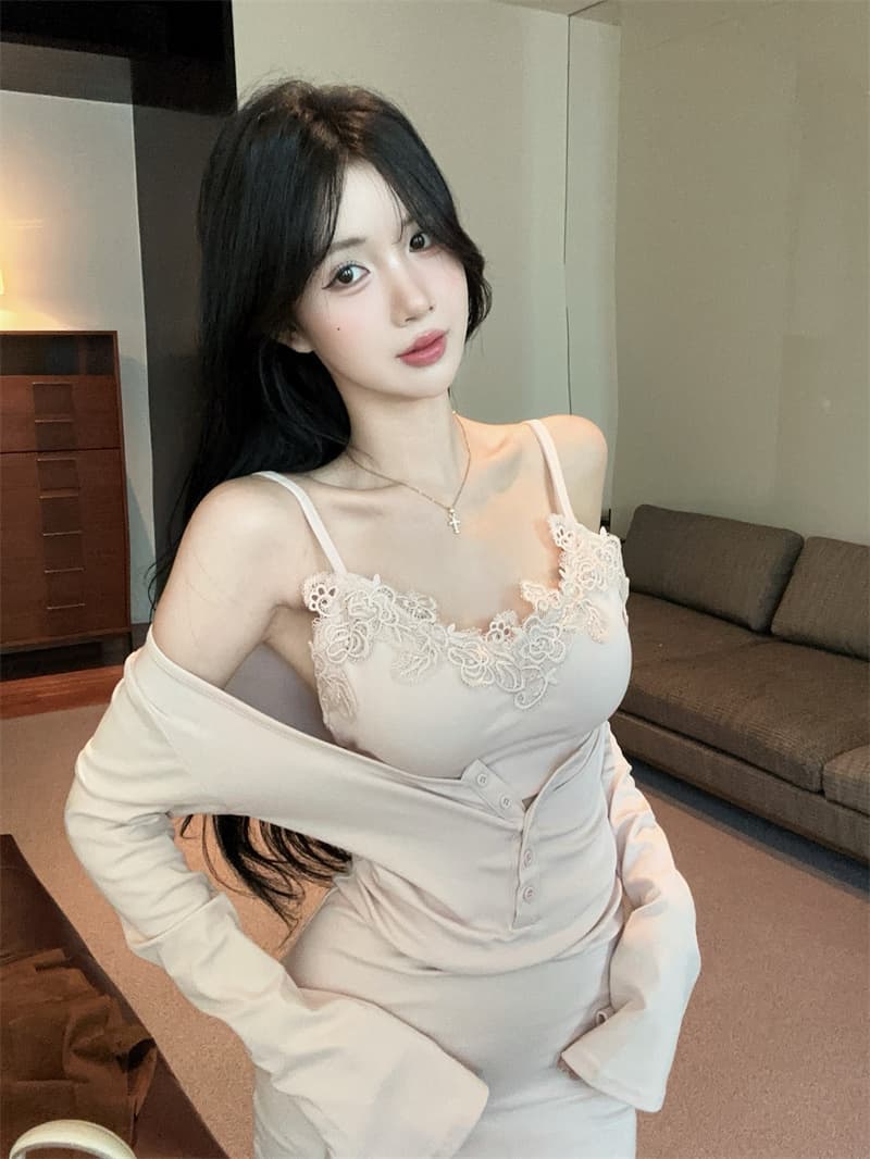 실사 섹시함 순수한 욕망 슬림해 보이는 레이스 슬립 속옷 타이트 스커트 u 칼라 드레스 투피스 세트 벨트 가슴 패드 상세 이미지 2