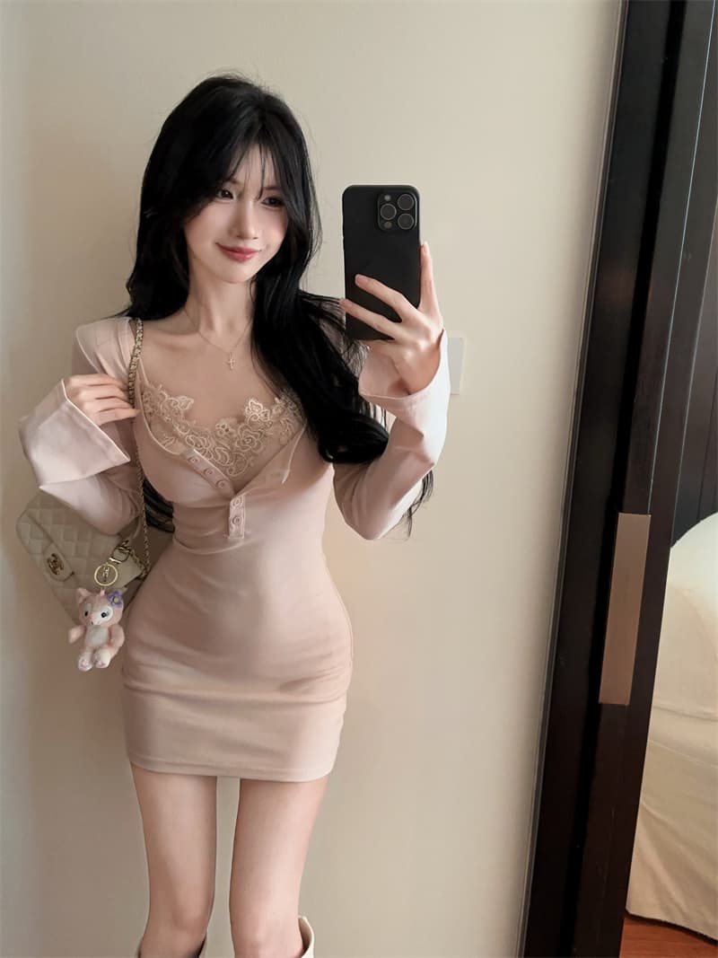 실사 섹시함 순수한 욕망 슬림해 보이는 레이스 슬립 속옷 타이트 스커트 u 칼라 드레스 투피스 세트 벨트 가슴 패드 상세 이미지 3