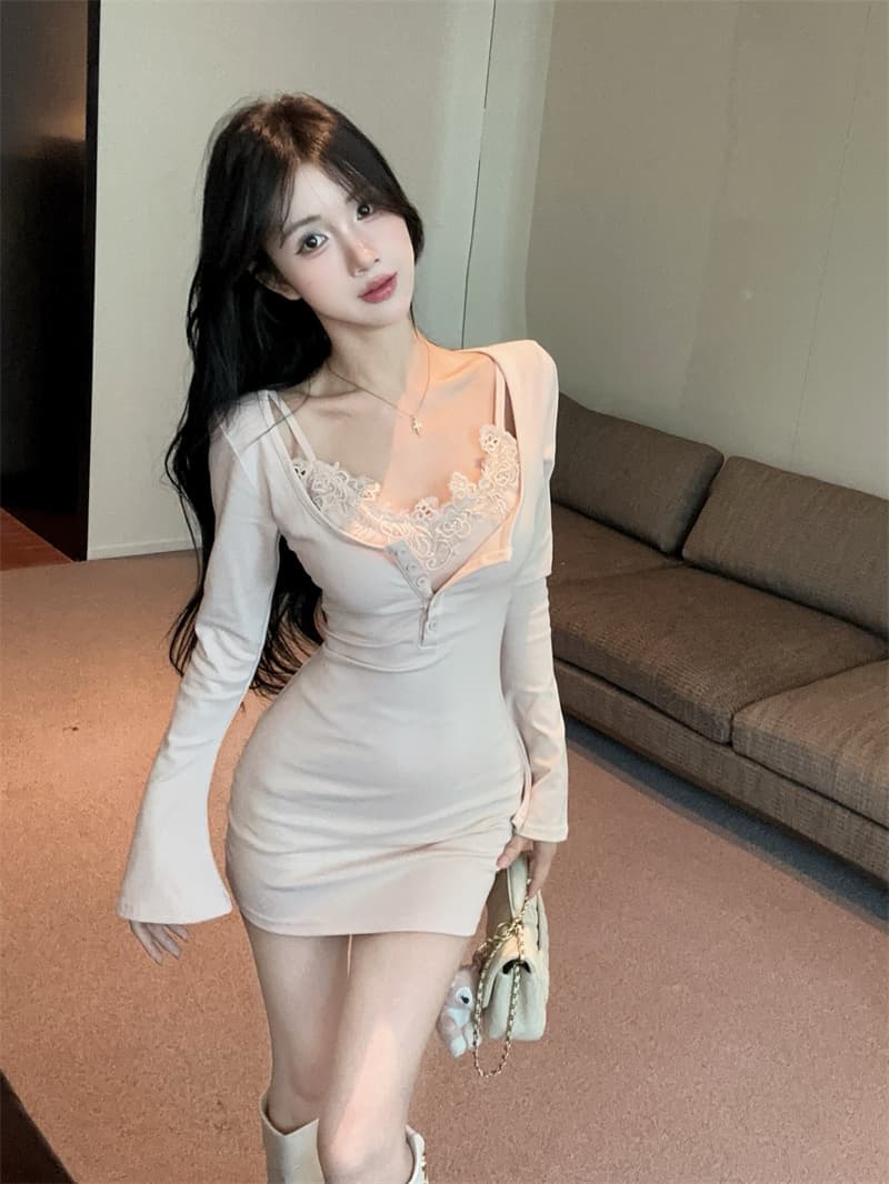 실사 섹시함 순수한 욕망 슬림해 보이는 레이스 슬립 속옷 타이트 스커트 u 칼라 드레스 투피스 세트 벨트 가슴 패드 상세 이미지 5