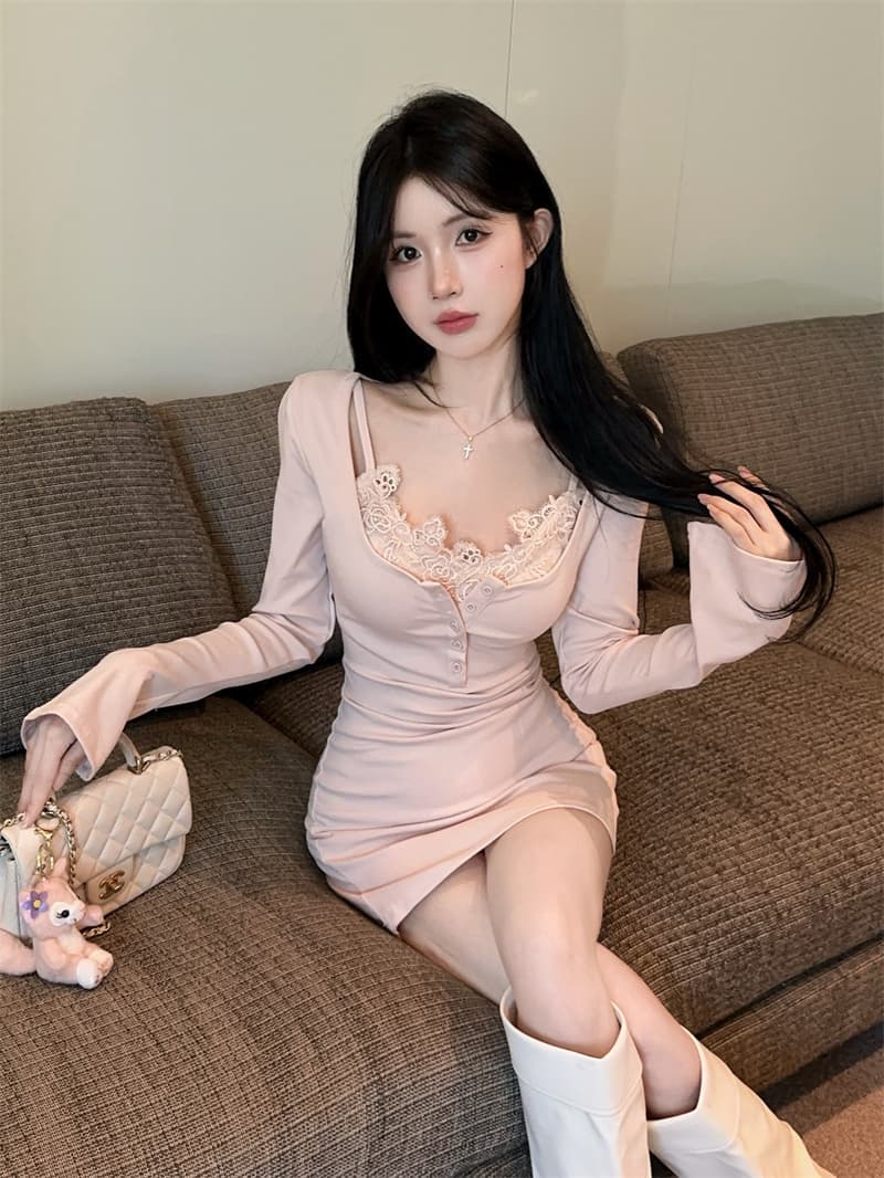 실사 섹시함 순수한 욕망 슬림해 보이는 레이스 슬립 속옷 타이트 스커트 u 칼라 드레스 투피스 세트 벨트 가슴 패드 상세 이미지 8