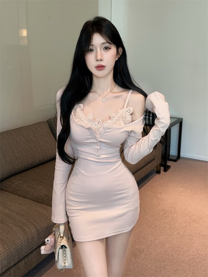 실사 섹시함 순수한 욕망 슬림해 보이는 레이스 슬립 속옷 타이트 스커트 u 칼라 드레스 투피스 세트 벨트 가슴 패드 상세 이미지 10