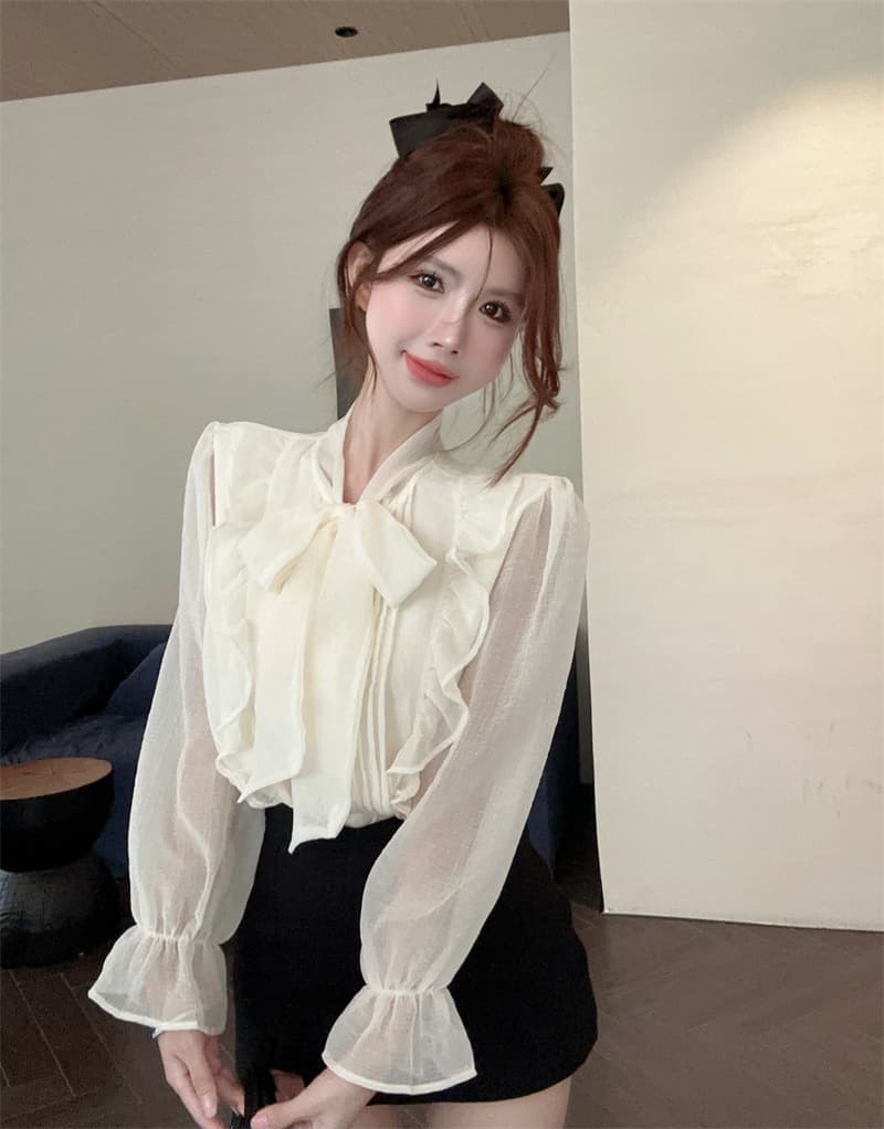 실사 디자인 센스 나비 매듭 쉬폰 프릴 프랑스식 긴팔 셔츠 맨위 정가 이미지 4