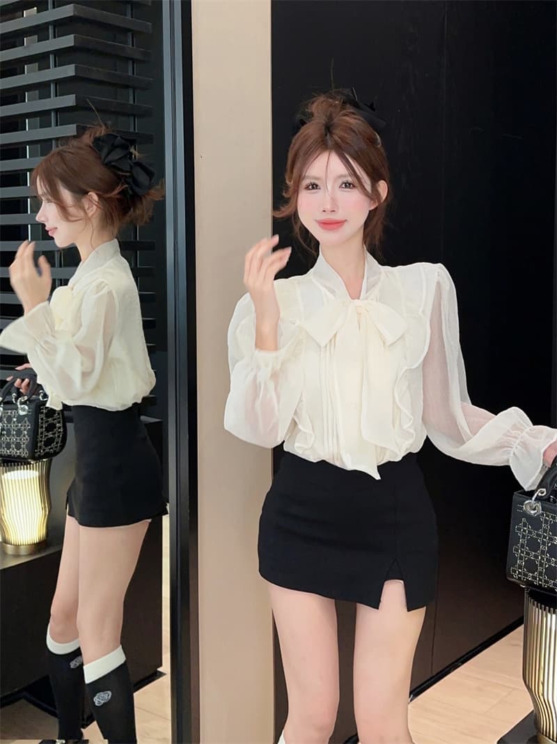 실사 디자인 센스 나비 매듭 쉬폰 프릴 프랑스식 긴팔 셔츠 맨위 정가 상세 이미지 9