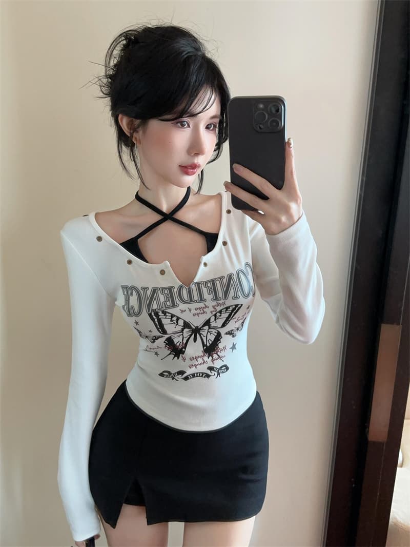 실사 아메리칸 레트로 패치워크 색상 프린트 패치워크 색상 슬립 페이크 레이어드 행침 목 기본 셔츠 맨위 티셔츠 상세 이미지 2