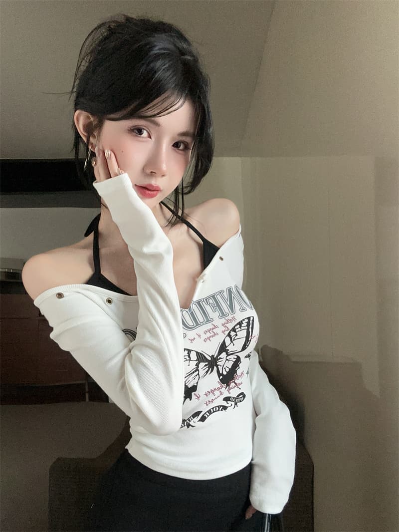 실사 아메리칸 레트로 패치워크 색상 프린트 패치워크 색상 슬립 페이크 레이어드 행침 목 기본 셔츠 맨위 티셔츠 상세 이미지 4
