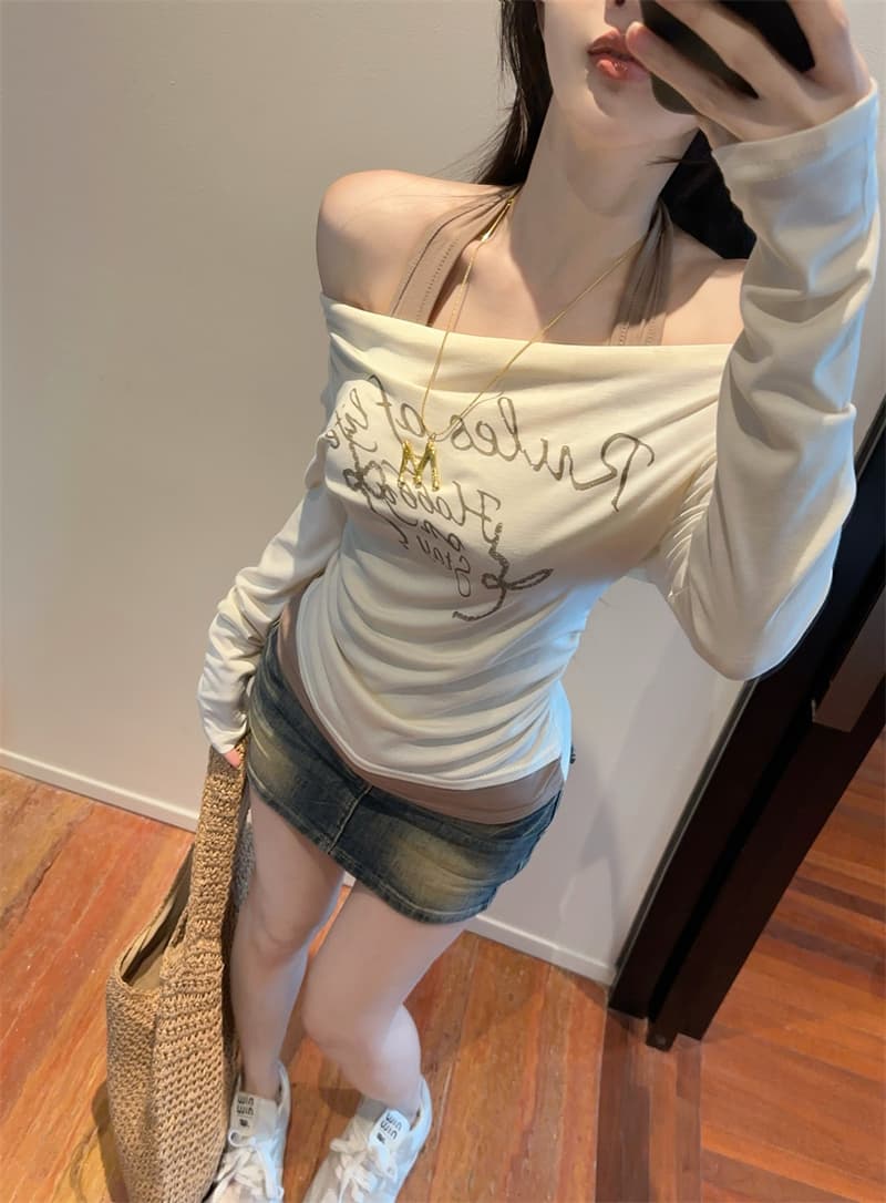 실사 한국 스타일 행침 목 페이크 레이어드 오프숄더 비스듬한 어깨 핫걸 자외선 차단 의류 긴팔 티셔츠 맨위 상세 이미지 1