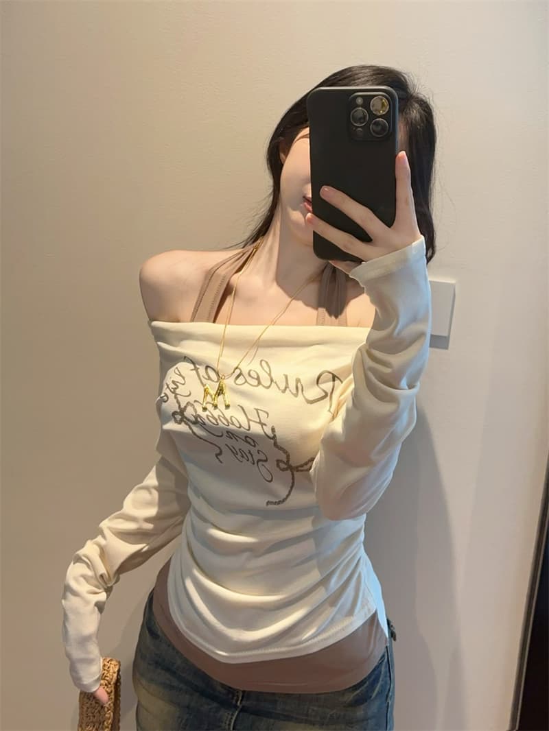 실사 한국 스타일 행침 목 페이크 레이어드 오프숄더 비스듬한 어깨 핫걸 자외선 차단 의류 긴팔 티셔츠 맨위 상세 이미지 2