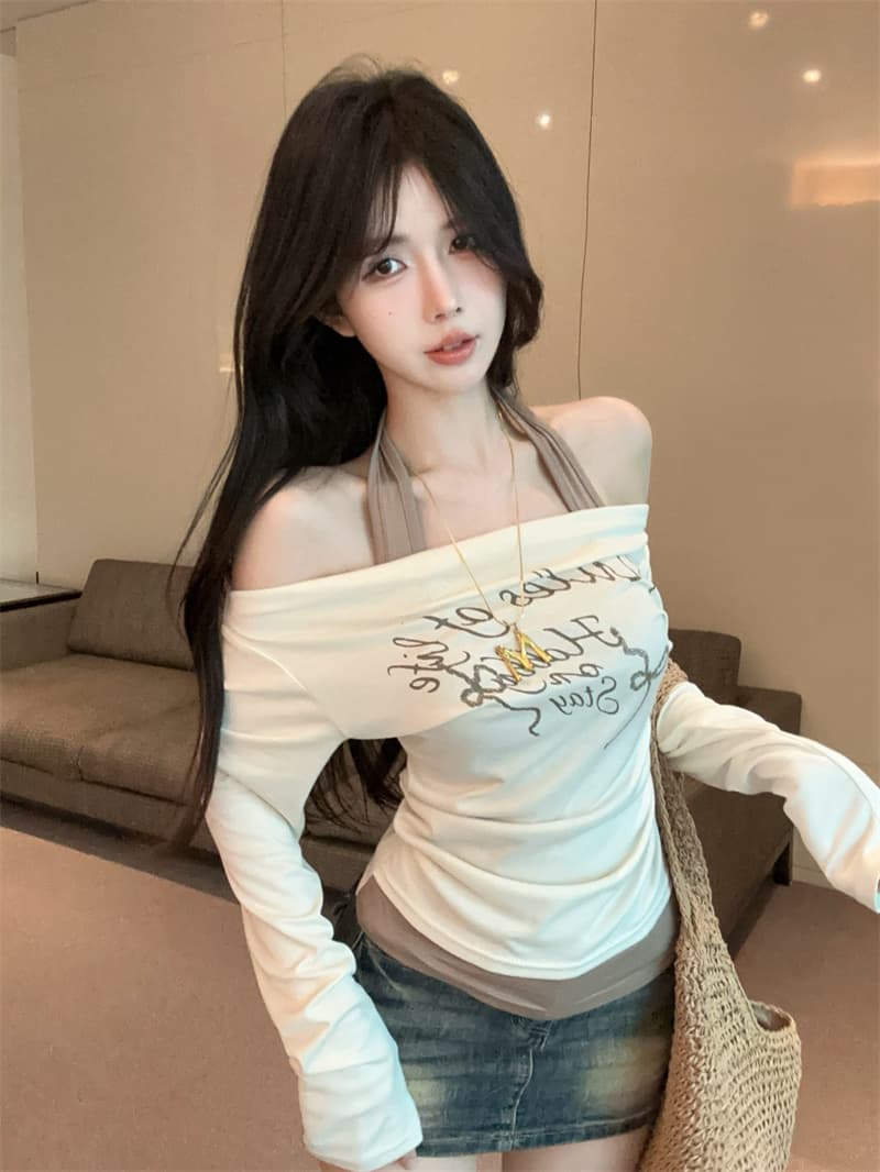 실사 한국 스타일 행침 목 페이크 레이어드 오프숄더 비스듬한 어깨 핫걸 자외선 차단 의류 긴팔 티셔츠 맨위 상세 이미지 4