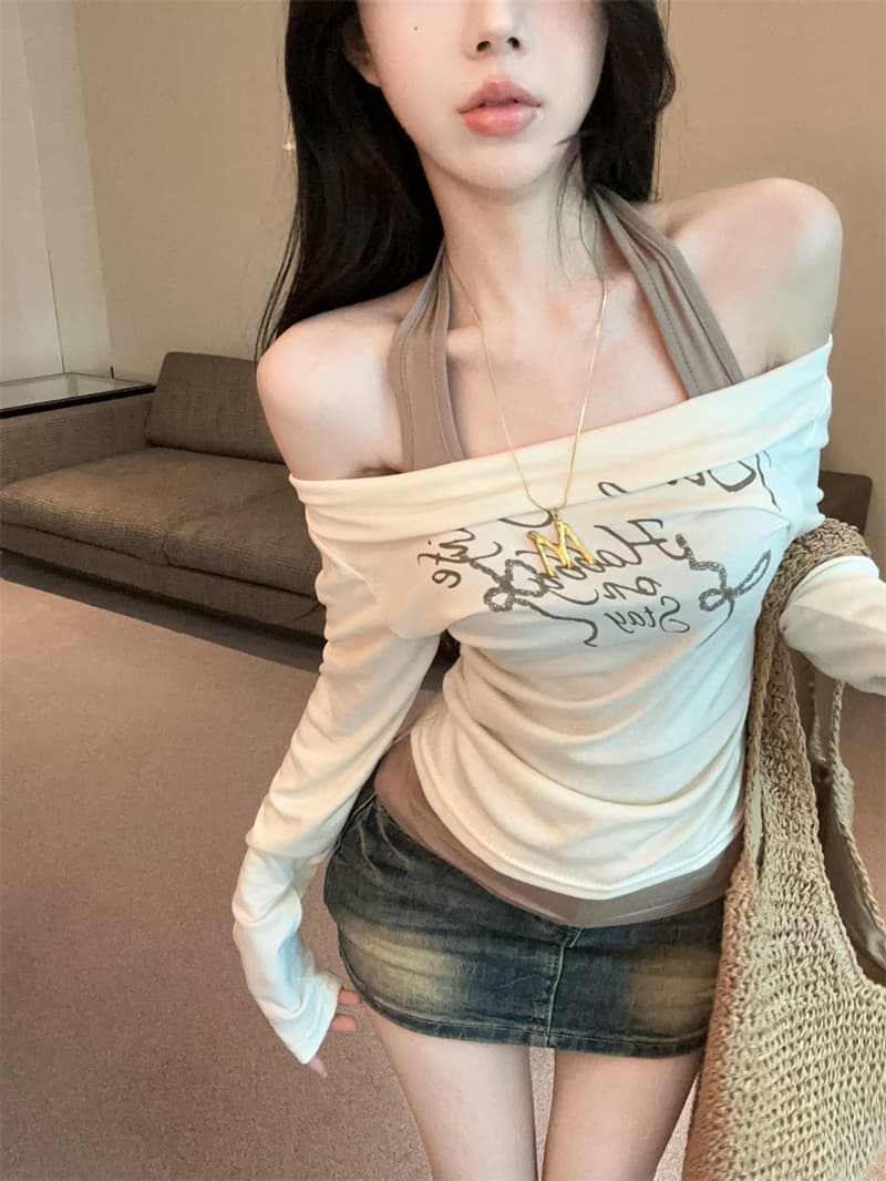 실사 한국 스타일 행침 목 페이크 레이어드 오프숄더 비스듬한 어깨 핫걸 자외선 차단 의류 긴팔 티셔츠 맨위 상세 이미지 5