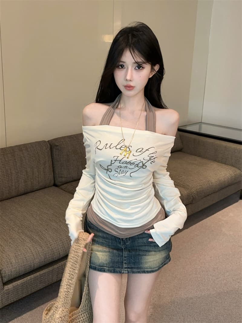 실사 한국 스타일 행침 목 페이크 레이어드 오프숄더 비스듬한 어깨 핫걸 자외선 차단 의류 긴팔 티셔츠 맨위 상세 이미지 6