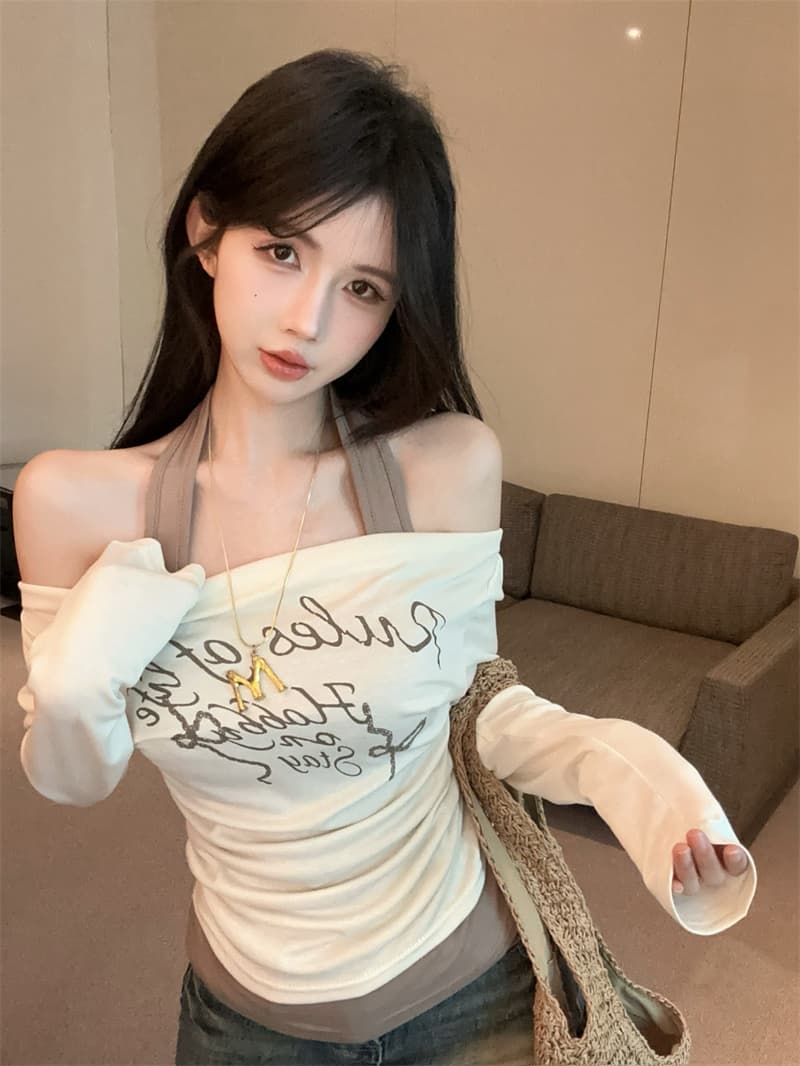 실사 한국 스타일 행침 목 페이크 레이어드 오프숄더 비스듬한 어깨 핫걸 자외선 차단 의류 긴팔 티셔츠 맨위 상세 이미지 7