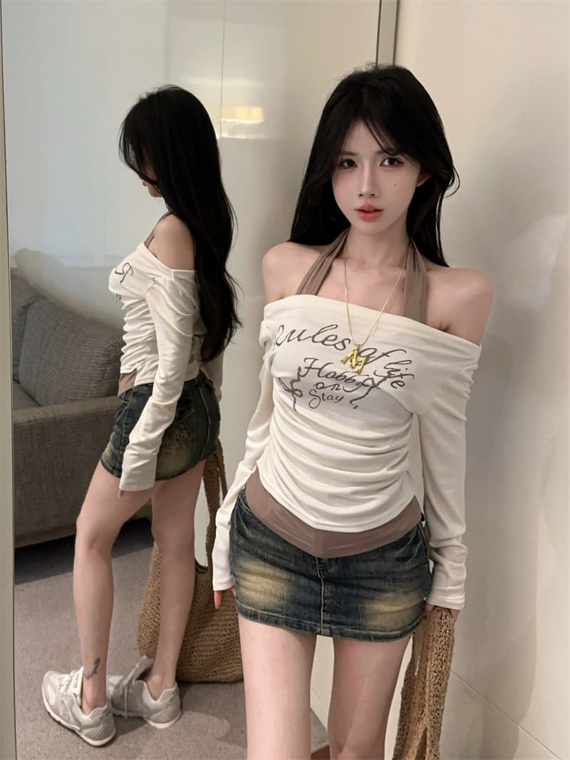 실사 한국 스타일 행침 목 페이크 레이어드 오프숄더 비스듬한 어깨 핫걸 자외선 차단 의류 긴팔 티셔츠 맨위 상세 이미지 9