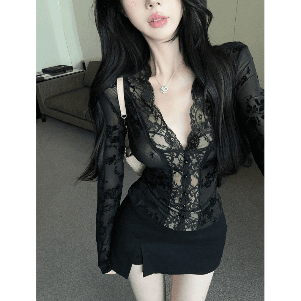 실사 순수한 욕망 V넥 식물 플러시 레이스 측면 몸매 가꾸기 슬림해 보이는 섹시함 기본 셔츠 정가 이미지 5