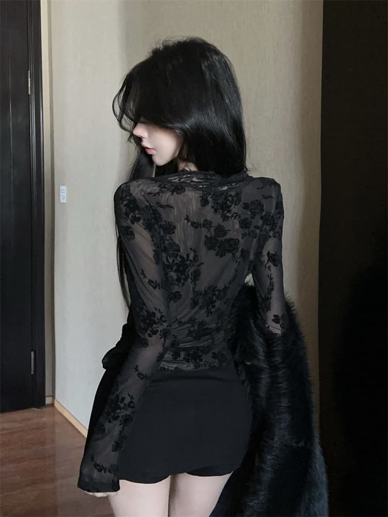 실사 순수한 욕망 V넥 식물 플러시 레이스 측면 몸매 가꾸기 슬림해 보이는 섹시함 기본 셔츠 정가 상세 이미지 6