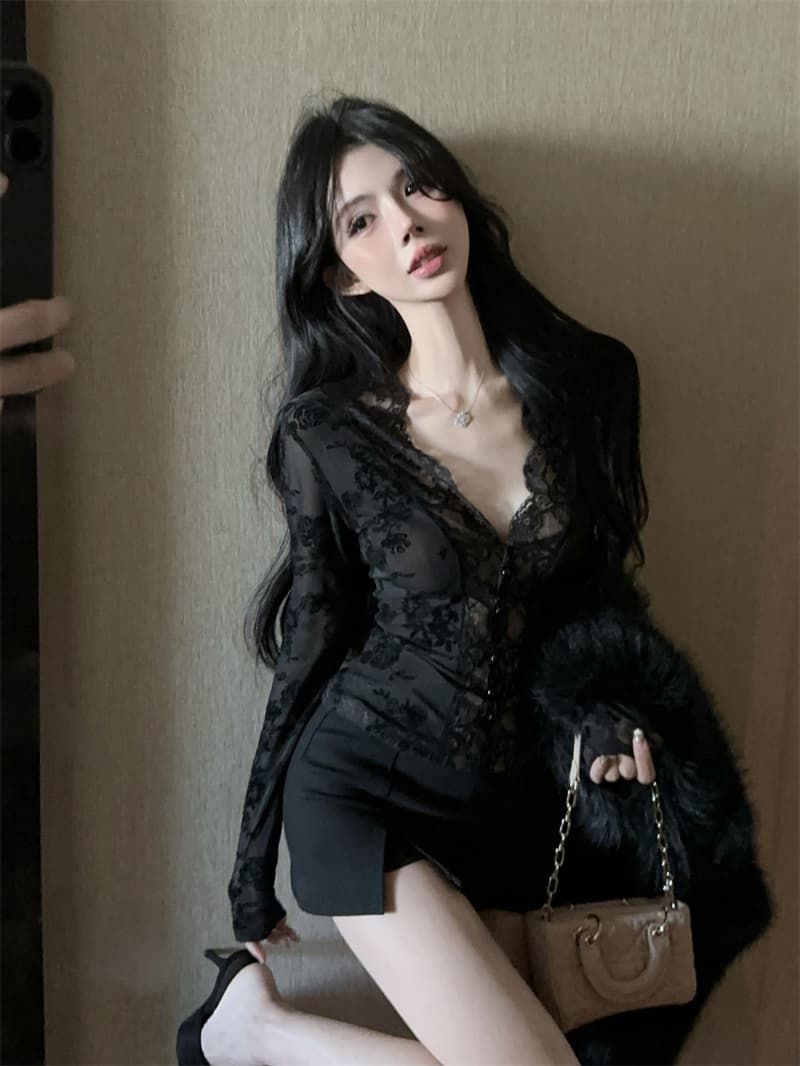 실사 순수한 욕망 V넥 식물 플러시 레이스 측면 몸매 가꾸기 슬림해 보이는 섹시함 기본 셔츠 정가 상세 이미지 7
