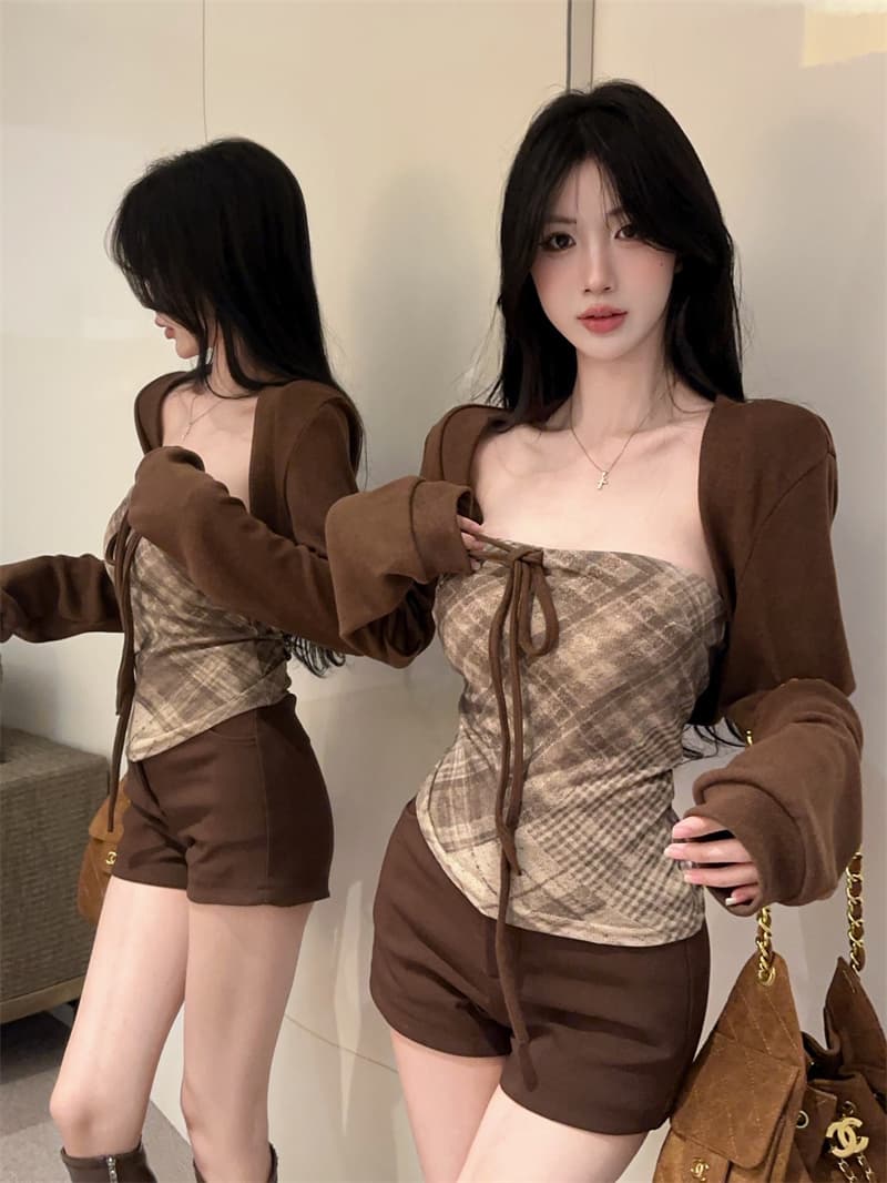 실사 한 부서 순수한 욕망 핫걸 작은 대중 체크무늬 튜브탑 벨트 가슴 패드 조끼 긴팔 카디건 코트 투피스 세트 상세 이미지 1