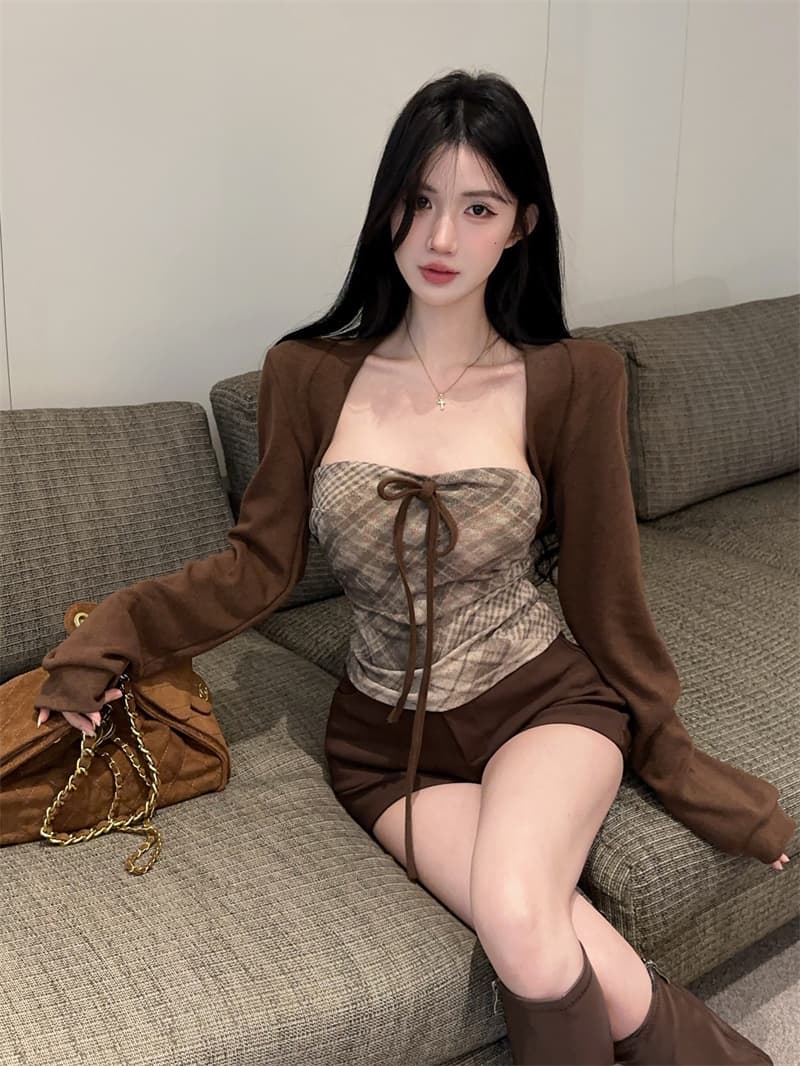 실사 한 부서 순수한 욕망 핫걸 작은 대중 체크무늬 튜브탑 벨트 가슴 패드 조끼 긴팔 카디건 코트 투피스 세트 상세 이미지 2