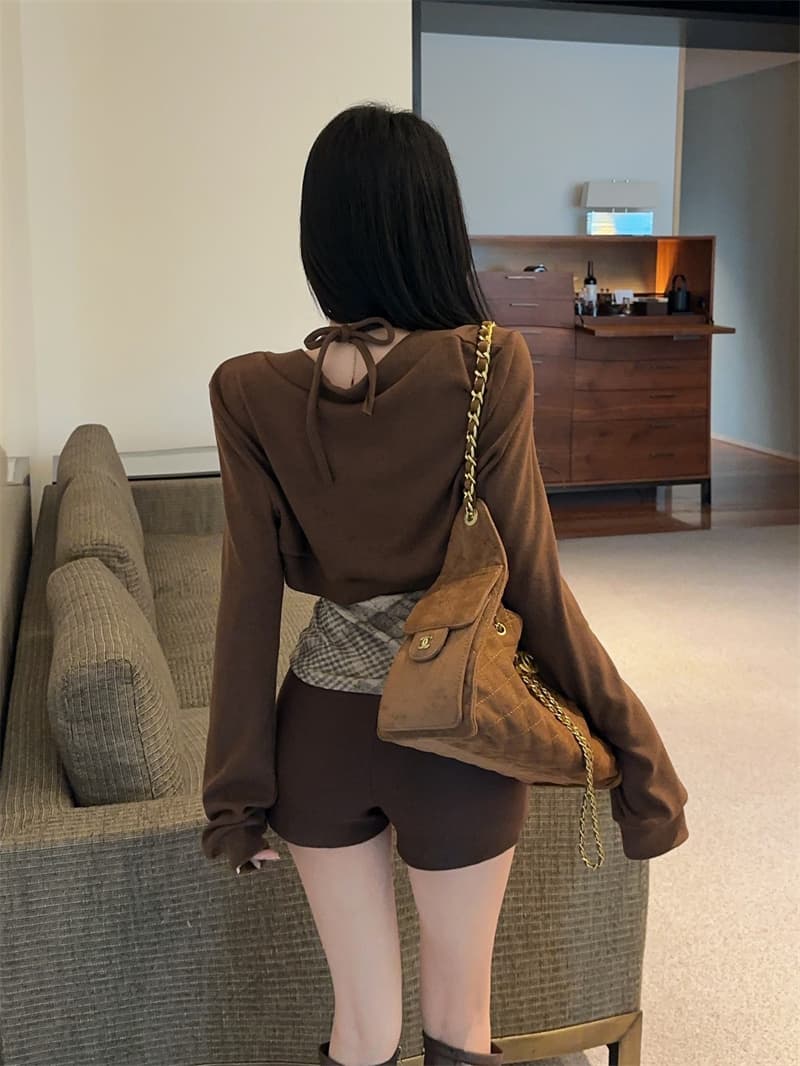 실사 한 부서 순수한 욕망 핫걸 작은 대중 체크무늬 튜브탑 벨트 가슴 패드 조끼 긴팔 카디건 코트 투피스 세트 상세 이미지 6