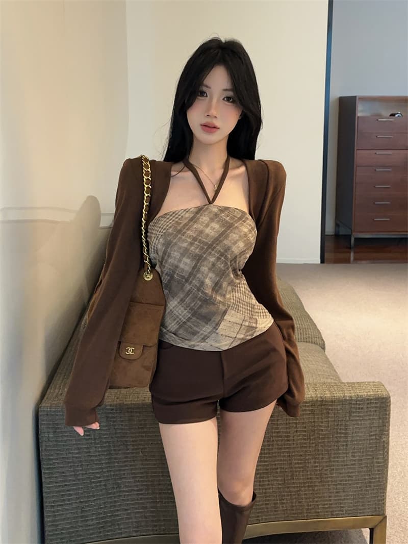 실사 한 부서 순수한 욕망 핫걸 작은 대중 체크무늬 튜브탑 벨트 가슴 패드 조끼 긴팔 카디건 코트 투피스 세트 상세 이미지 8