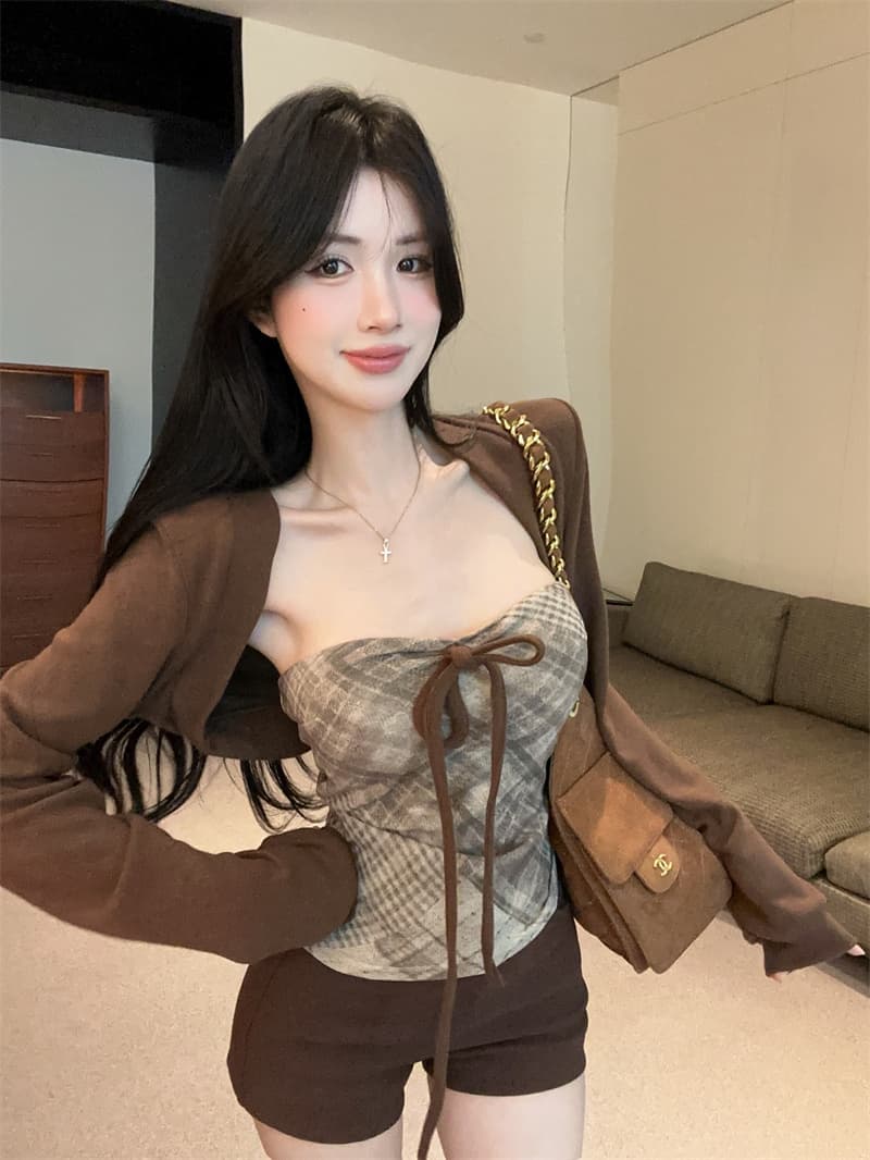 실사 한 부서 순수한 욕망 핫걸 작은 대중 체크무늬 튜브탑 벨트 가슴 패드 조끼 긴팔 카디건 코트 투피스 세트 상세 이미지 10