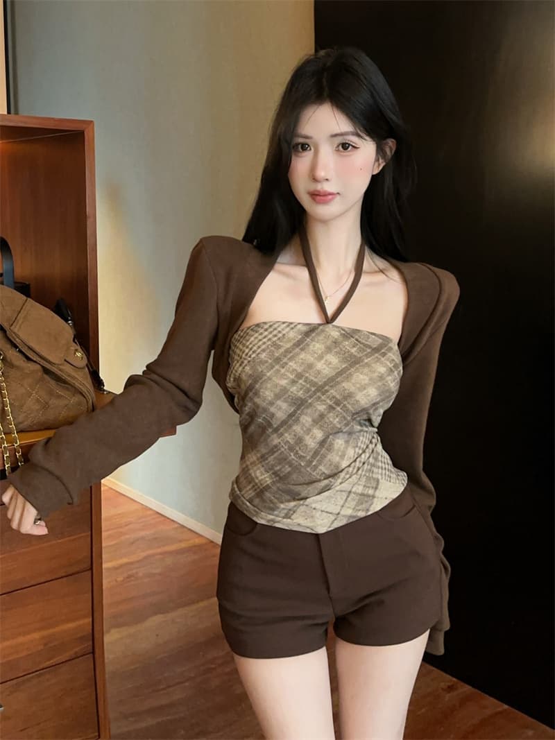 실사 한 부서 순수한 욕망 핫걸 작은 대중 체크무늬 튜브탑 벨트 가슴 패드 조끼 긴팔 카디건 코트 투피스 세트 상세 이미지 12