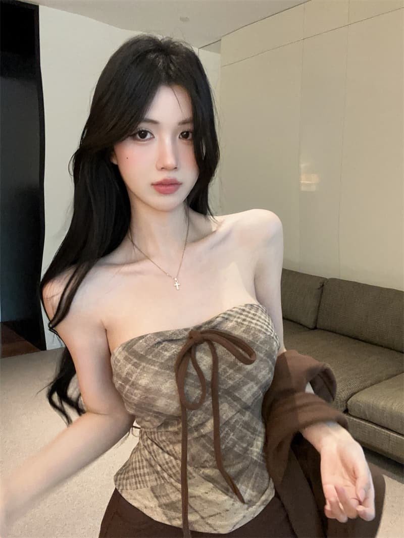 실사 한 부서 순수한 욕망 핫걸 작은 대중 체크무늬 튜브탑 벨트 가슴 패드 조끼 긴팔 카디건 코트 투피스 세트 상세 이미지 13