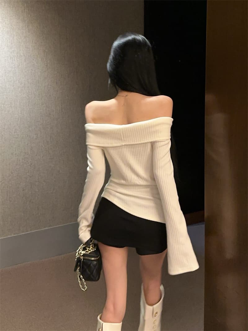 실사 디자인 센스 오프숄더 레오파드 무늬 행침 목 섹시함 품격 리본 슬림해 보이는 긴팔 기본 셔츠 티셔츠 맨위 상세 이미지 7