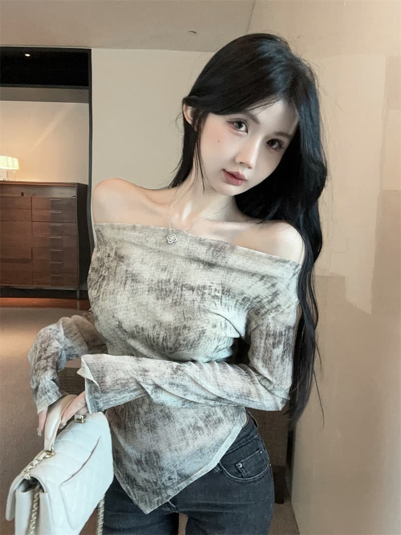 실사 디자인 센스 불규칙 홀치기 염색 긴팔 몸매 가꾸기 슬림해 보이는 기본 셔츠 맨위 정가