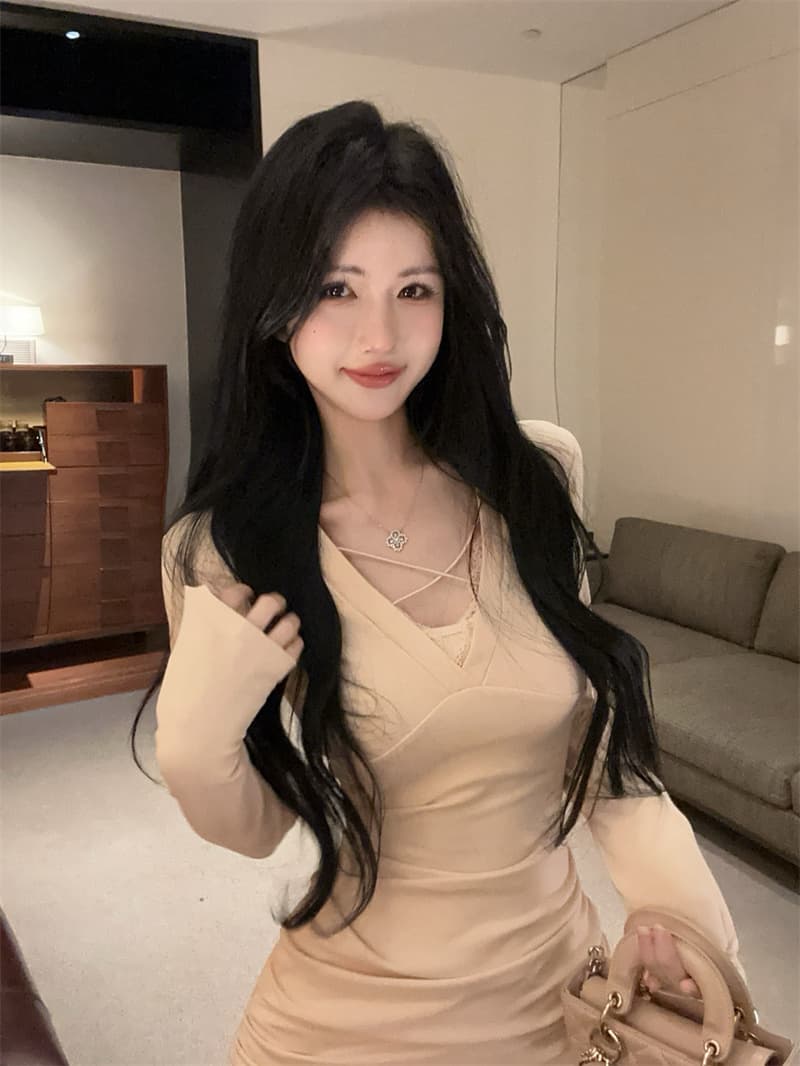 실사 순수한 욕망 디스플레이 가슴 대 스트랩 십자가 V넥 몸매 가꾸기 슬림해 보이는 패치워크 레이스 타이트 스커트 드레스 상세 이미지 12