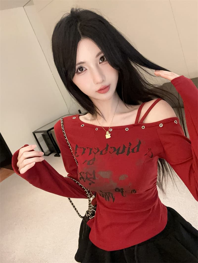 실사 한 부서 달콤함 알파벳 프린트 긴팔 티셔츠 슬림해 보이는 다용도 기본 셔츠 맨위 상세 이미지 3