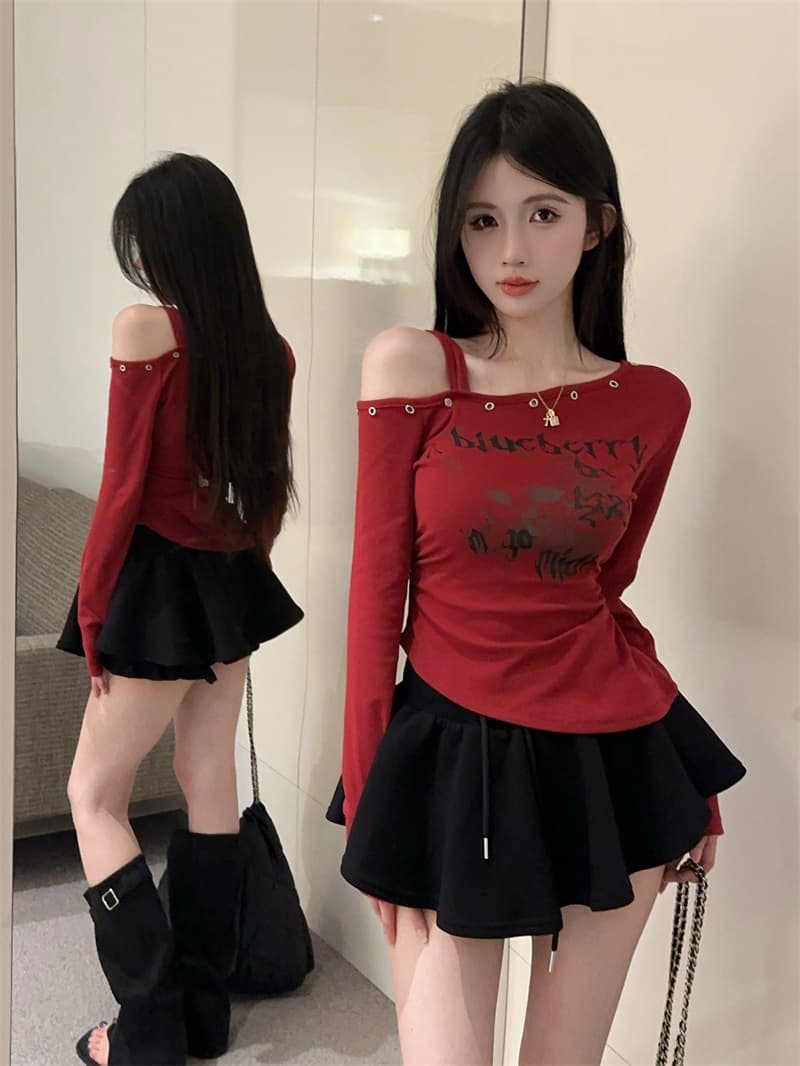 실사 한 부서 달콤함 알파벳 프린트 긴팔 티셔츠 슬림해 보이는 다용도 기본 셔츠 맨위 상세 이미지 8
