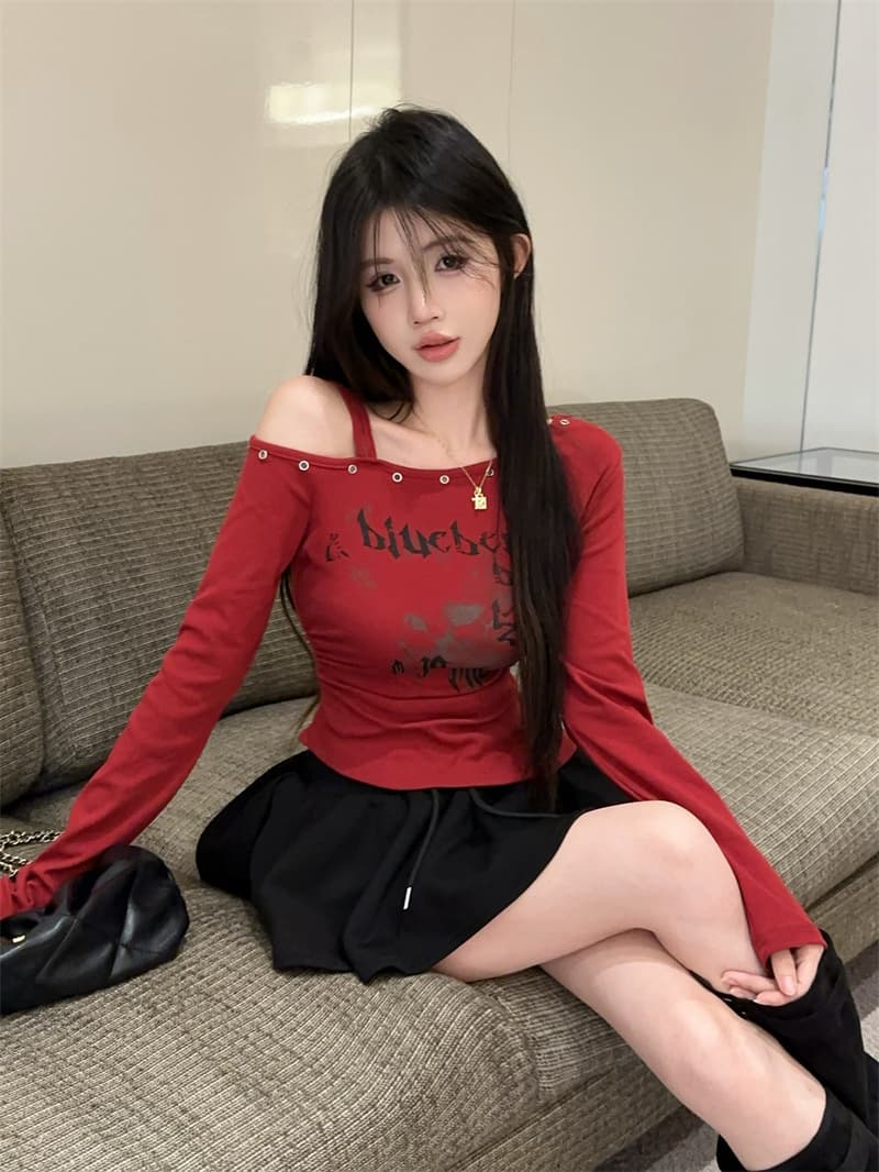 실사 한 부서 달콤함 알파벳 프린트 긴팔 티셔츠 슬림해 보이는 다용도 기본 셔츠 맨위 상세 이미지 11