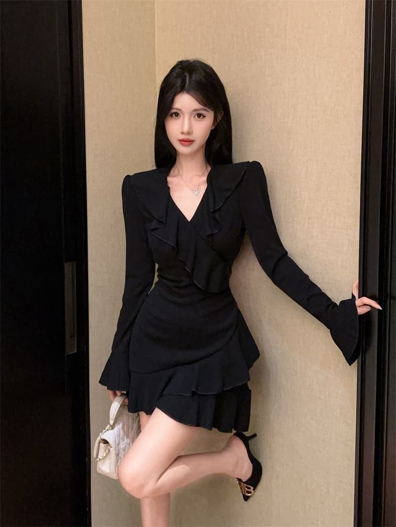 실사 순수한 욕망 바람 프릴 섹시함 V넥 슬림해 보이는 로얄 자매 프랑스식 작은 검은 드레스 긴팔 드레스 상세 이미지 8