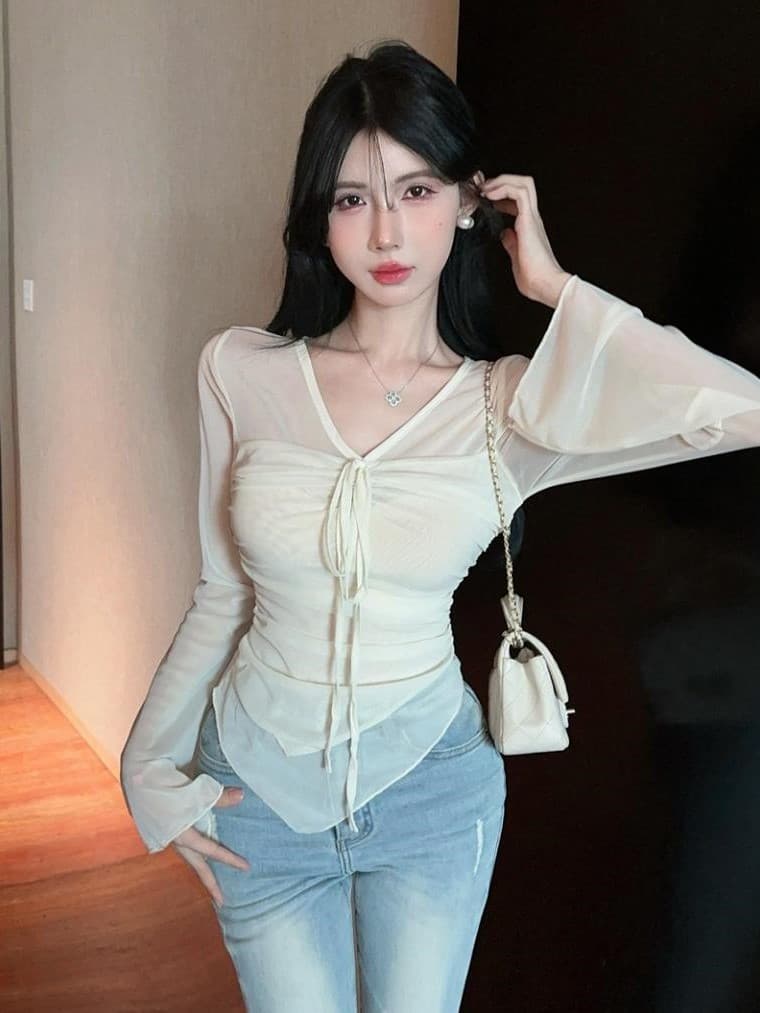 실사 디자인 센스 얇은 스타일 마이크로 ~을 통해 순수한 욕망 바람 레이스업 망사 주름 몸매 가꾸기 슬림해 보이는 맨위 상세 이미지 1
