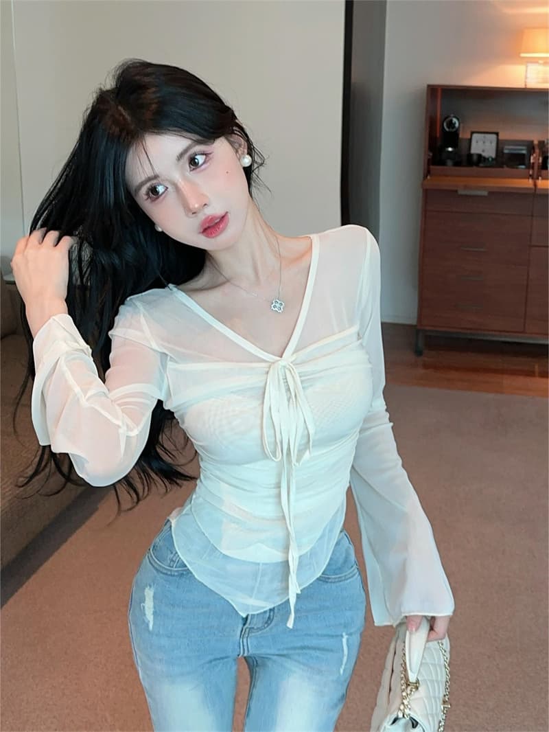 실사 디자인 센스 얇은 스타일 마이크로 ~을 통해 순수한 욕망 바람 레이스업 망사 주름 몸매 가꾸기 슬림해 보이는 맨위 상세 이미지 9