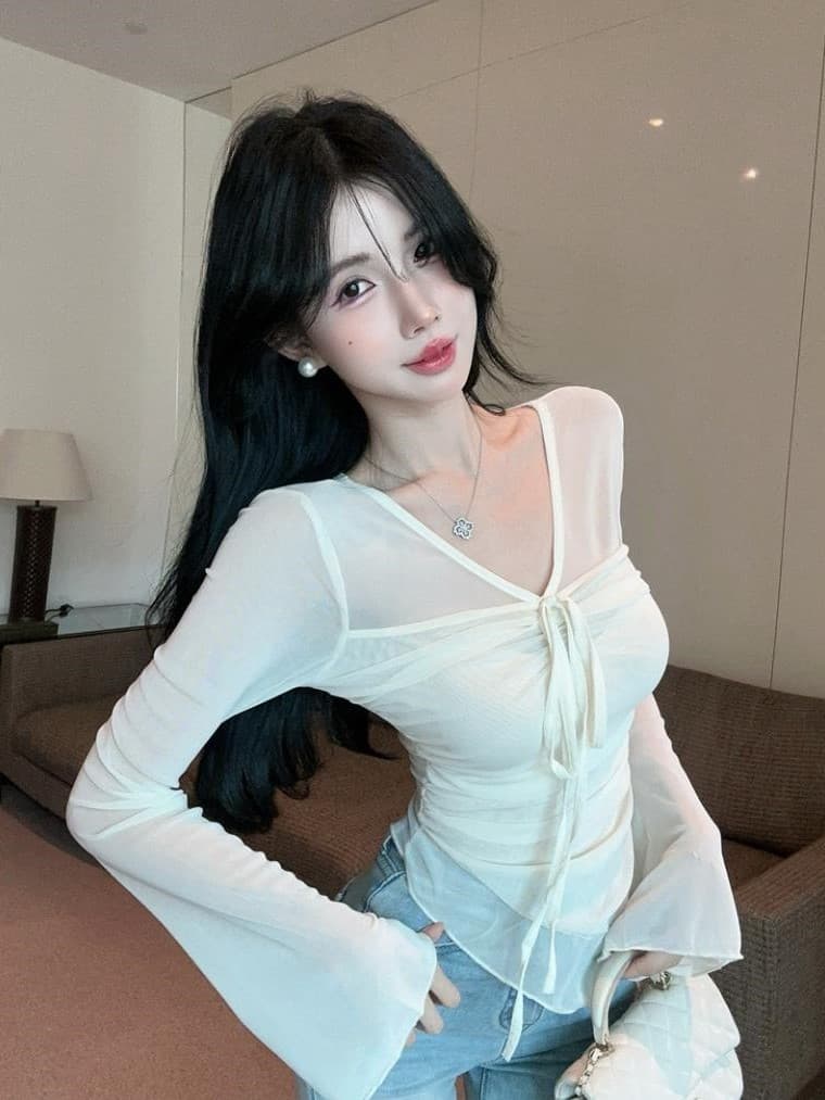 실사 디자인 센스 얇은 스타일 마이크로 ~을 통해 순수한 욕망 바람 레이스업 망사 주름 몸매 가꾸기 슬림해 보이는 맨위 상세 이미지 12