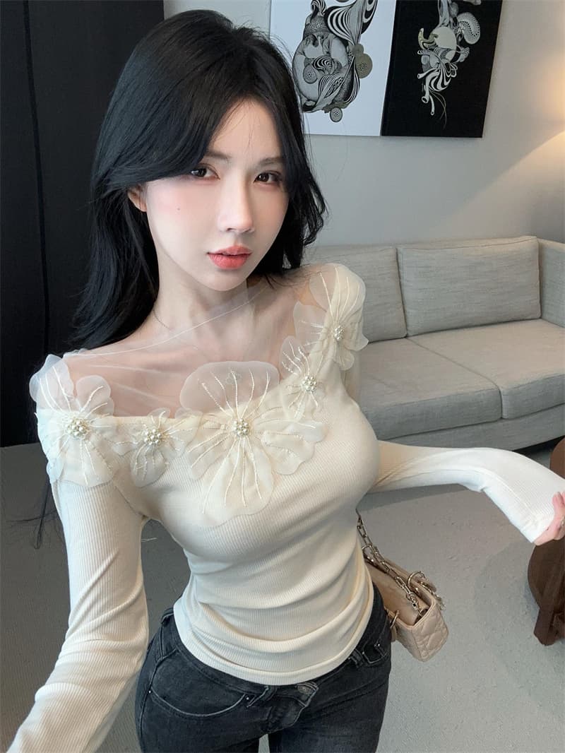 실사 프랑스식 품격 3 차원 꽃 망사 패치워크 긴팔 니트 스웨터 만나는 맨위 티셔츠 상세 이미지 1