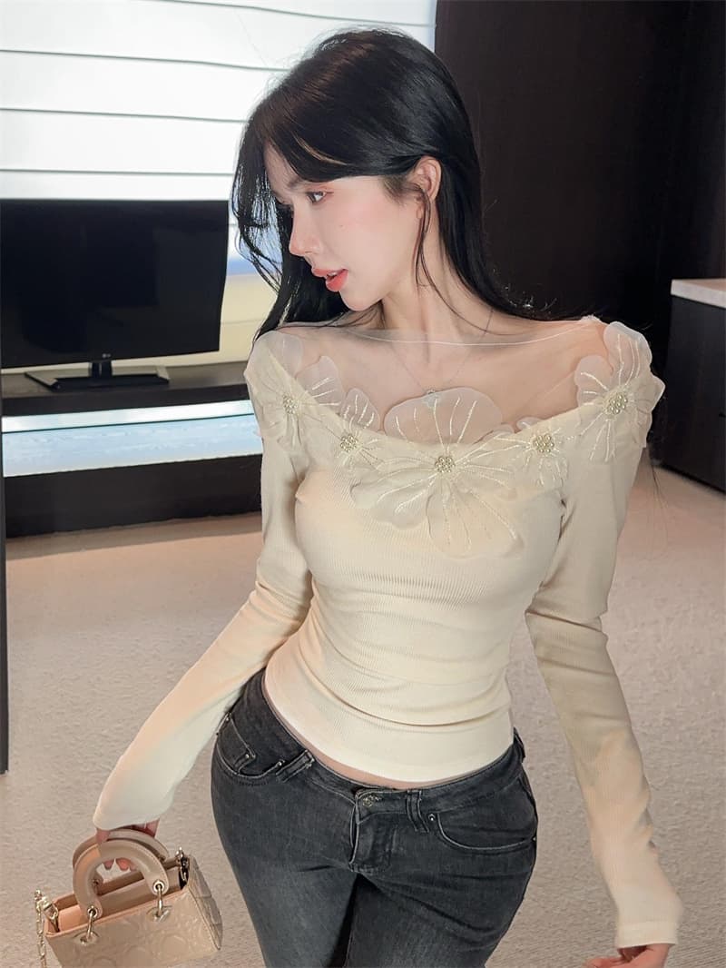 실사 프랑스식 품격 3 차원 꽃 망사 패치워크 긴팔 니트 스웨터 만나는 맨위 티셔츠 상세 이미지 5