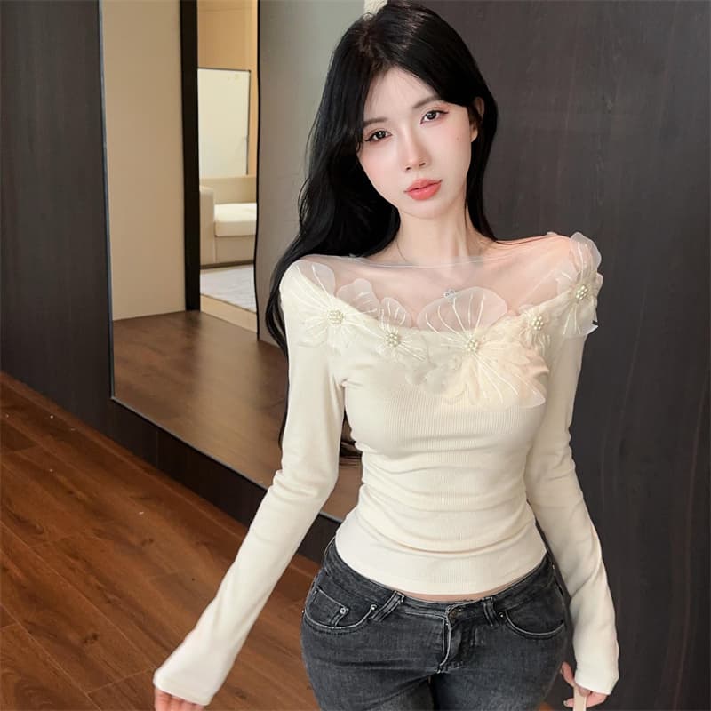 실사 프랑스식 품격 3 차원 꽃 망사 패치워크 긴팔 니트 스웨터 만나는 맨위 티셔츠 상세 이미지 12