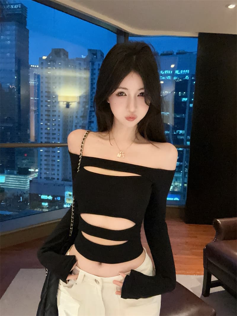 실사 섹시함 핫걸 홀로우 아웃 오프숄더 몸매 가꾸기 슬림해 보이는 긴팔 이슬 뼈의 기본 셔츠 티셔츠 상세 이미지 1